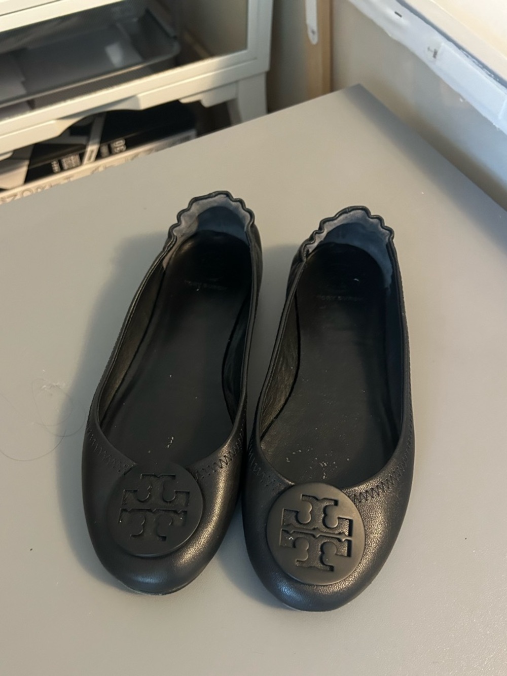 Tory Burch Black Leather Logo Ballet Flats
